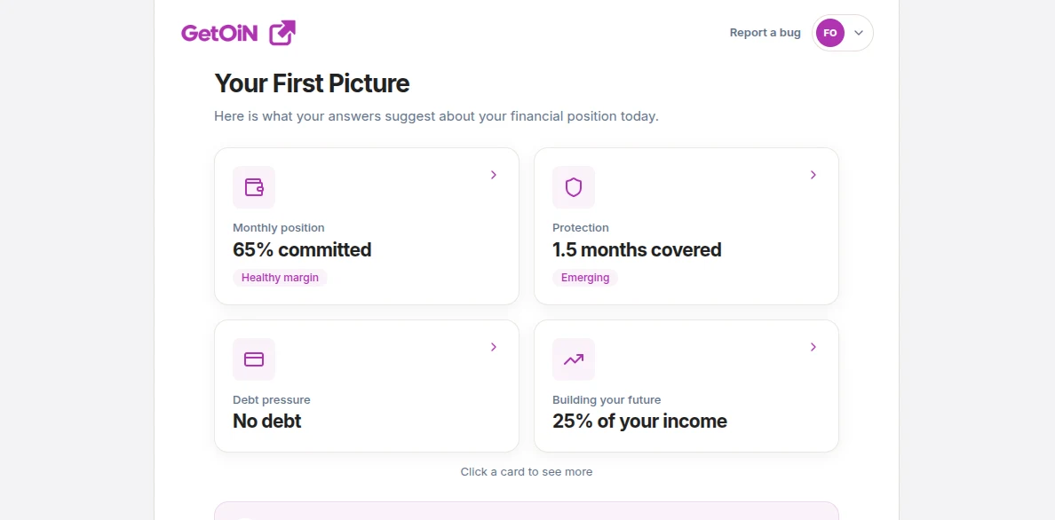 Your First Picture in the GetOiN app: 65% committed with a healthy margin, 1.5 months of protection covered, no debt and 25% of income building your future