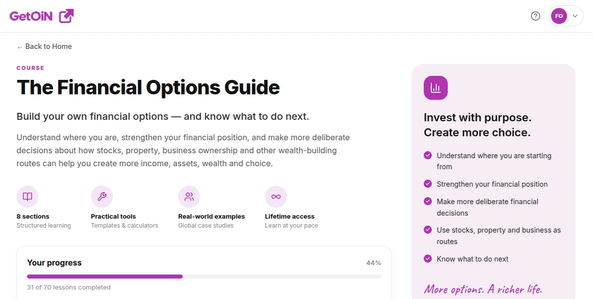 The Financial Options Guide course in the GetOiN app, with what it covers and your progress at 44%
