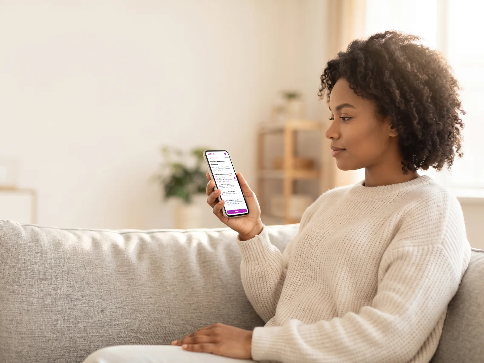 Woman on a sofa checking the GetOiN Property Opportunity Calculator on her phone